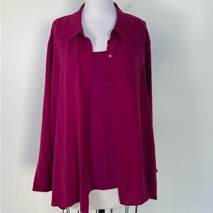 Eileen Fisher SILK 2pc Deep Pink Button Down Shirt 1X EUC!
